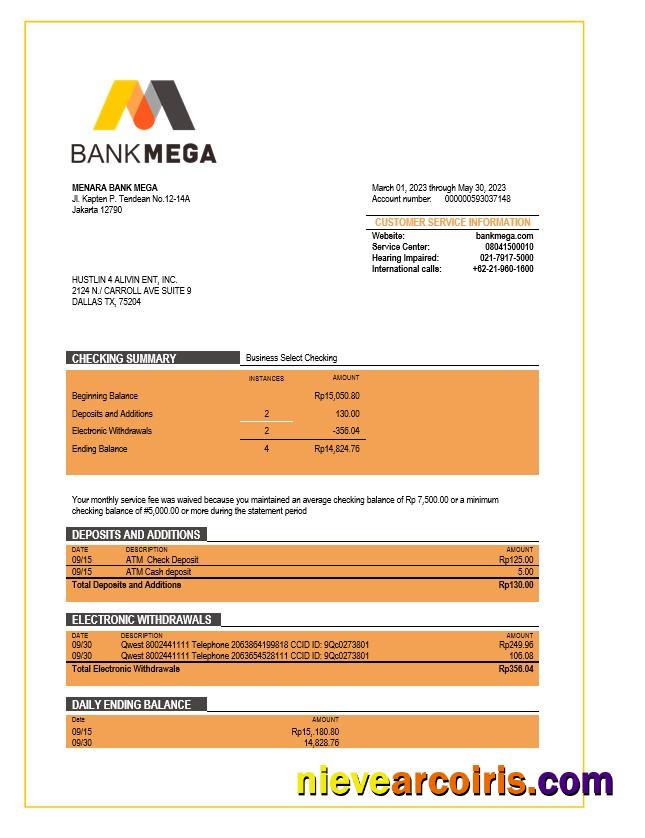 Bank Mega corporate checking account statement